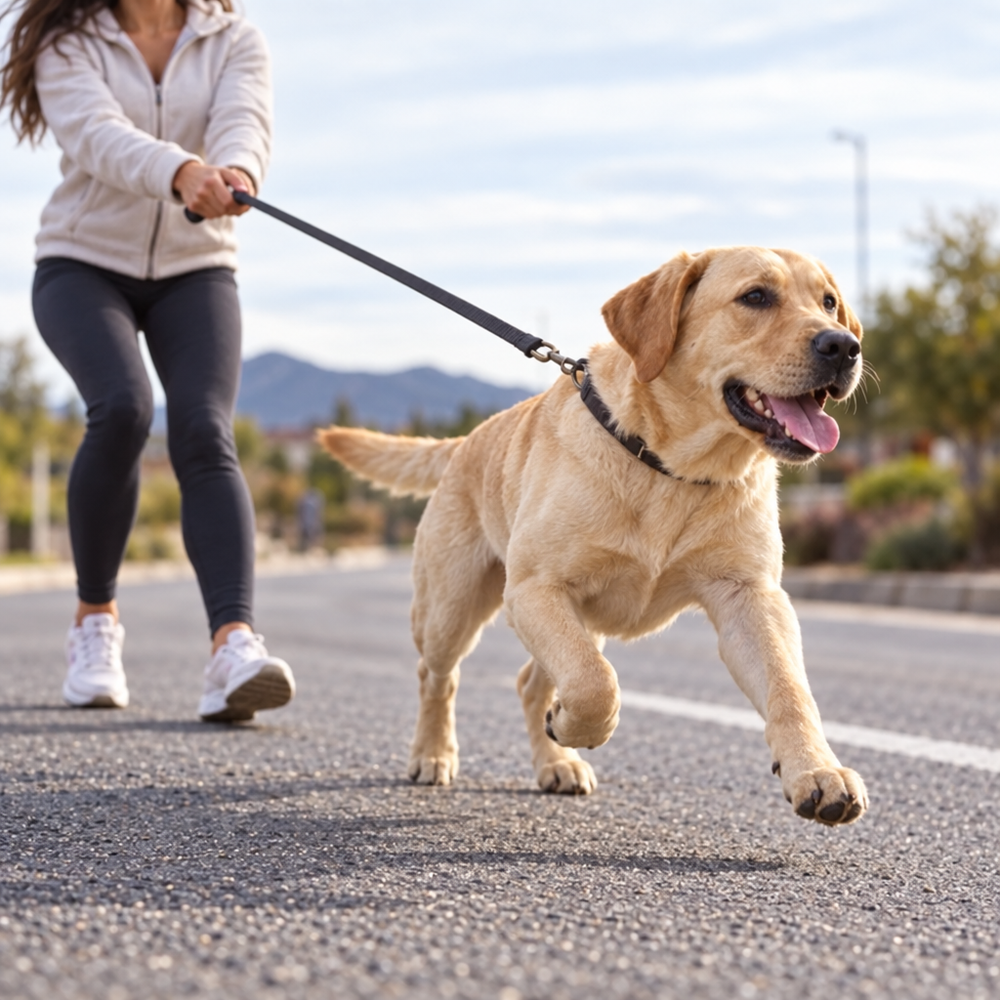 Owner struggling to put a harness on a dog